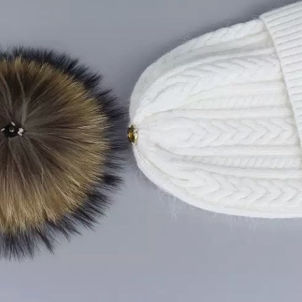 Black Angora Fur Pompom Cable Knit Beanie - Picture 4 of 5